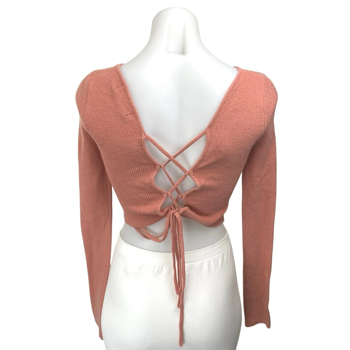 Urban Outfitters Pink Rib Knit Long Sleeve Lace Up Tie Back Crop Sweater Top S - Image 2