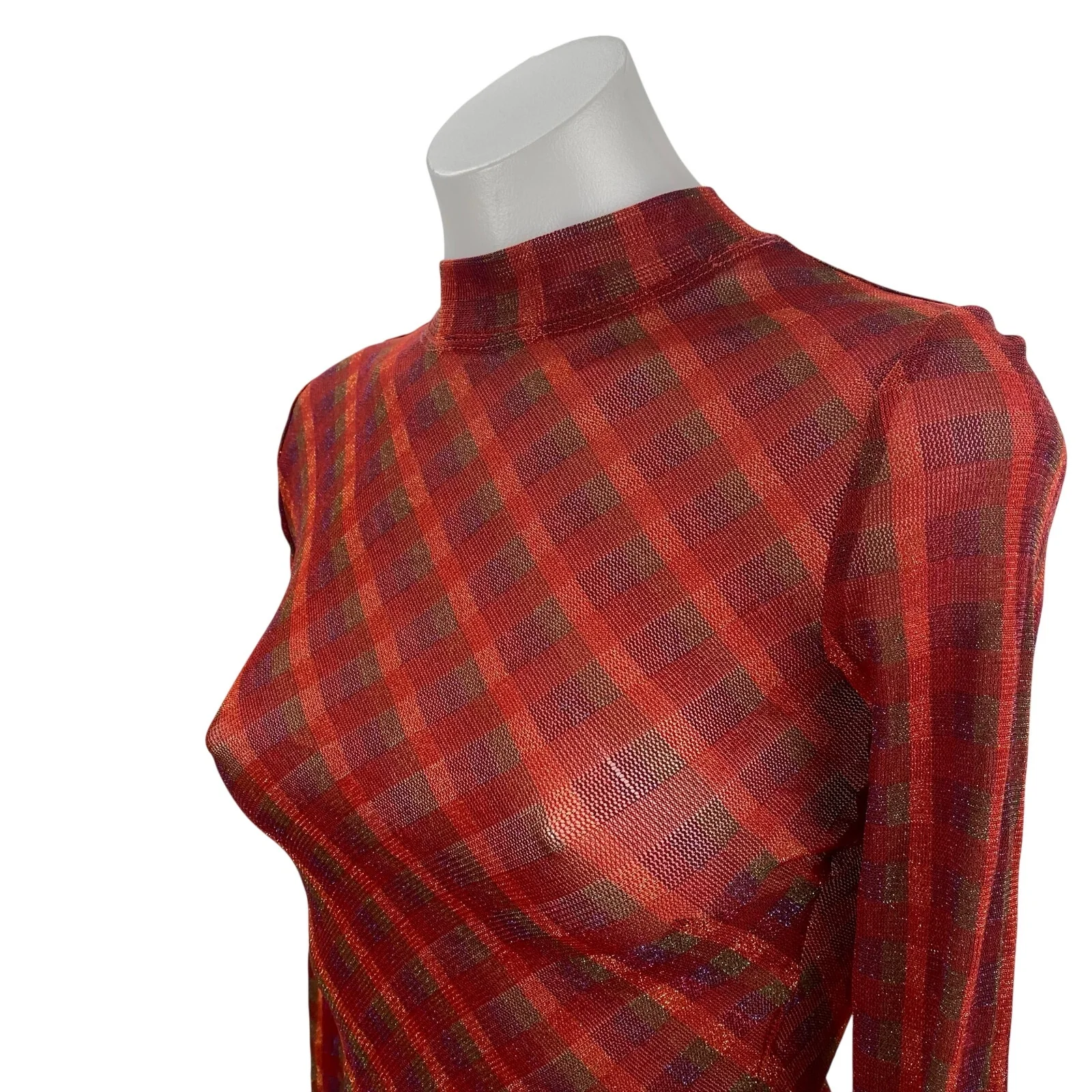 Urban Outfitters Red Plaid Mock Neck Long Sleeve Open Back Cropped Blouse Sz S - Image 3