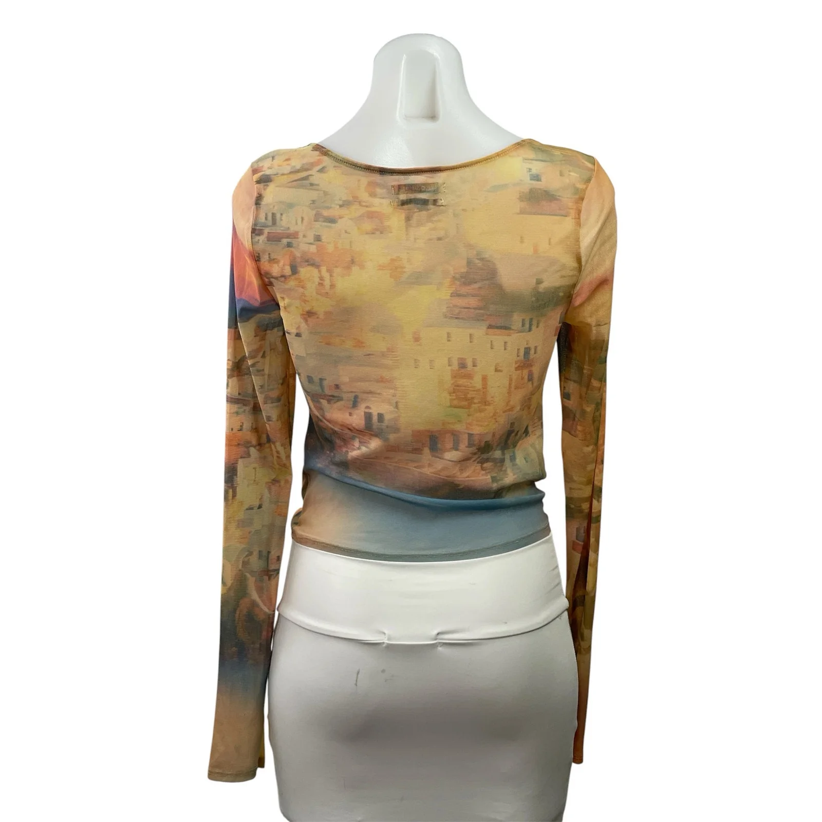 Urban Outfitters Shona Cityscape Mesh Ruched Long Sleeve Blouse Crop Top Size L - Image 3