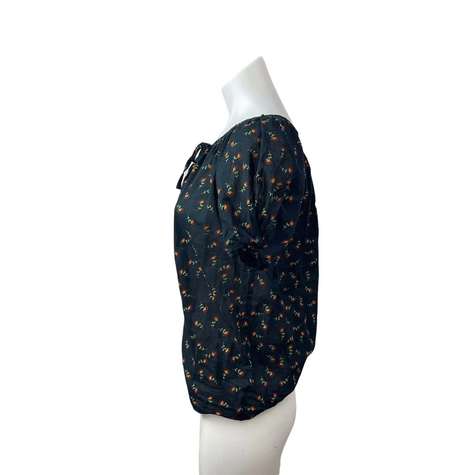 Urban Outfitters Women Black Floral Short Puff Sleeve Keyhole Blouse Top Size XS - Image 3