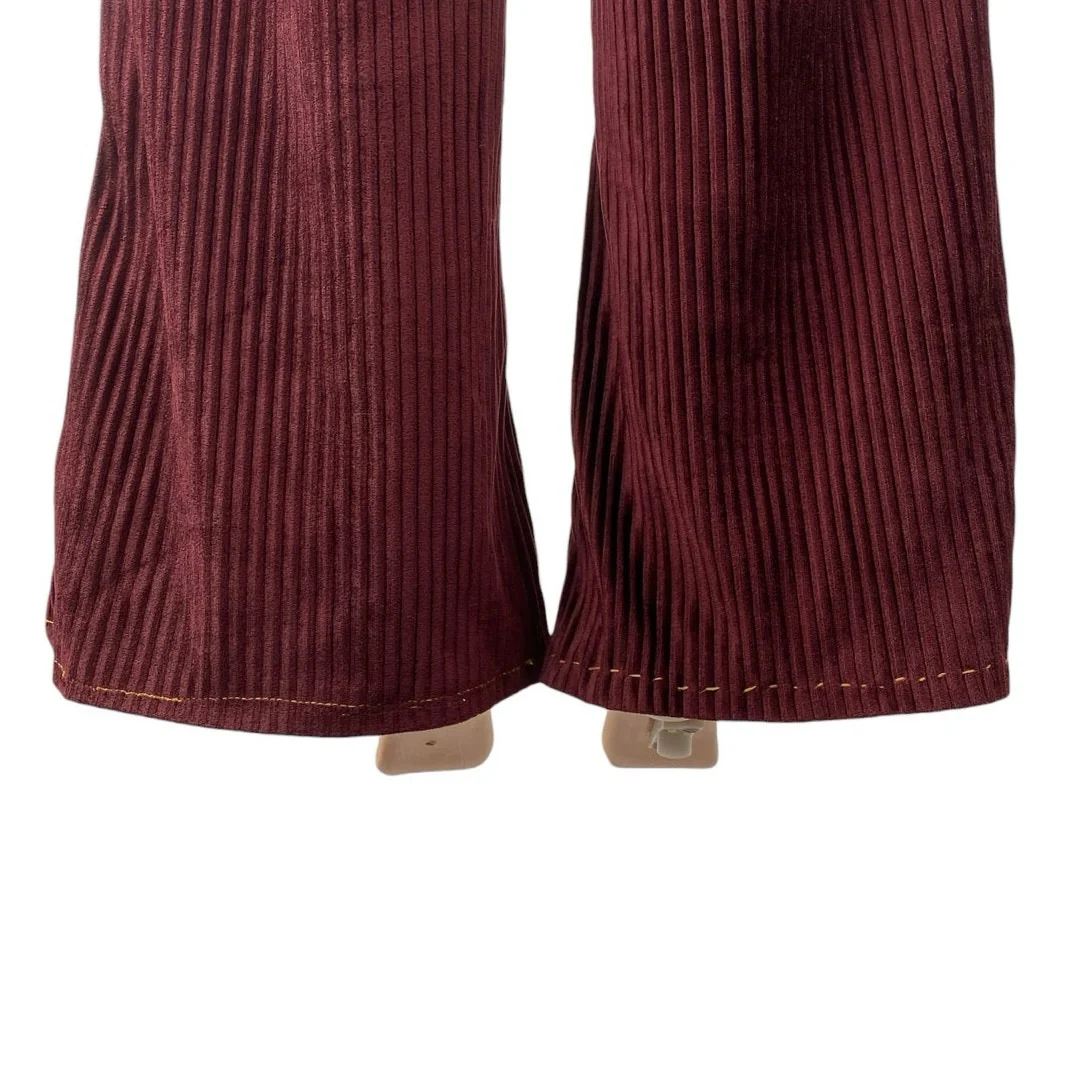 Urban Outfitters Womens Red Burgundy Ribbed Velvet Kick Flare Trousers Pants 2 - Image 3