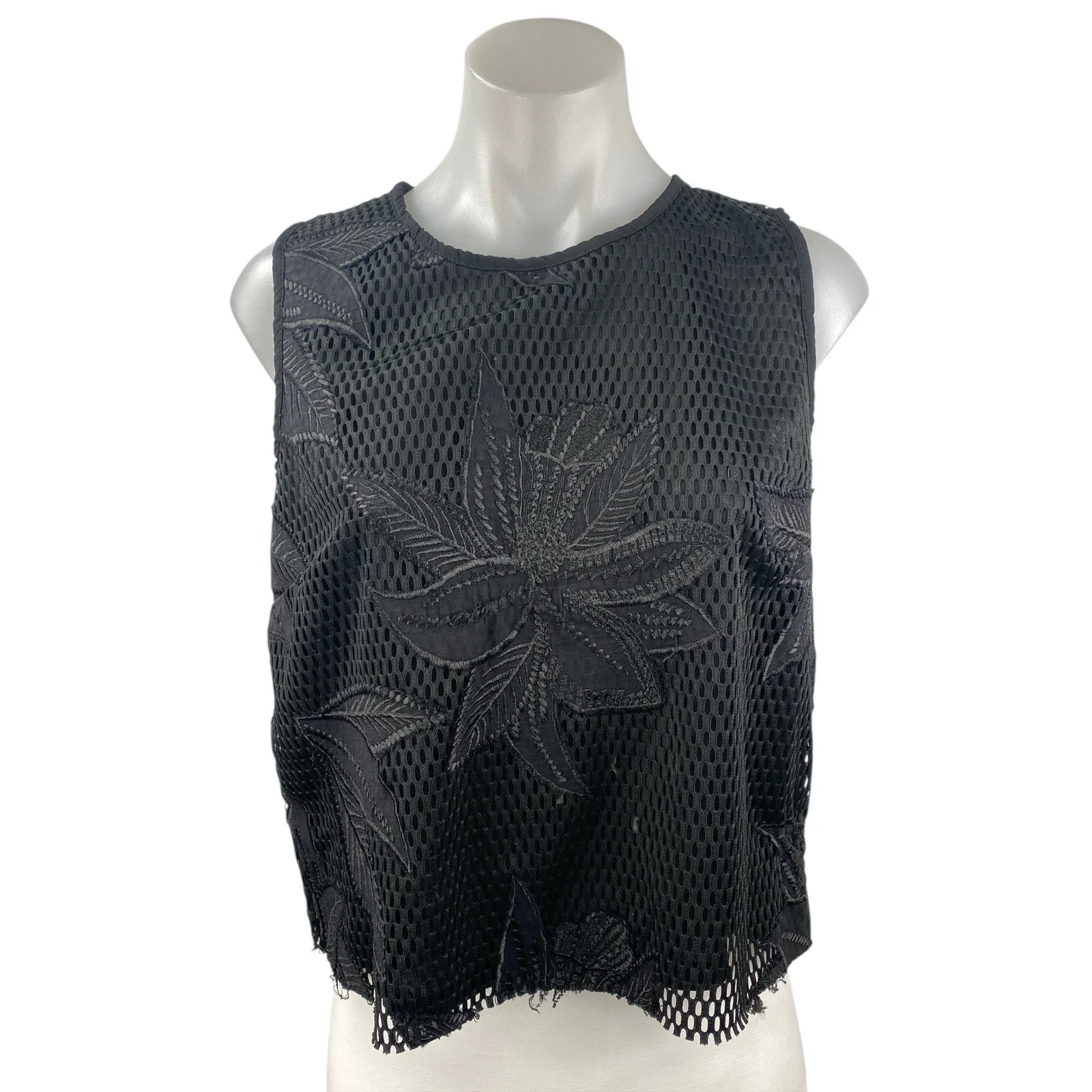 Valette Women's Black Sleeveless Embroidered Floral Eyelet Tank Blouse Top Sz M