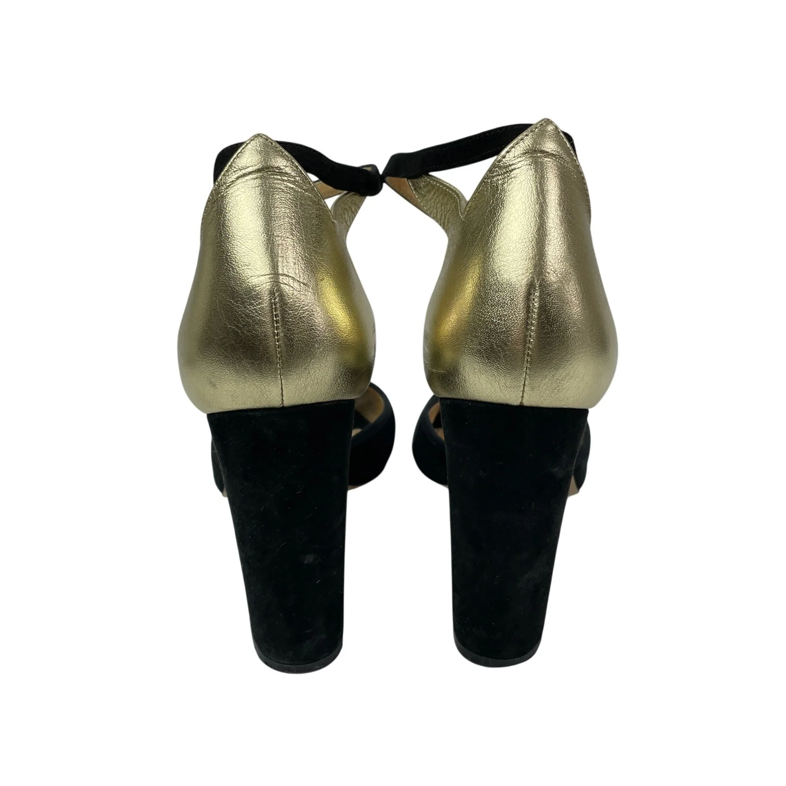 Vero Cuoio Black Gold Peep Toe Block Heels Sling Back Platform Sandals 39.5 US 8 - Image 3