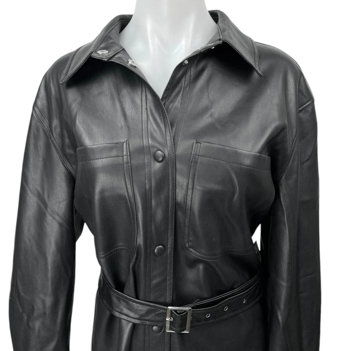Vero Moda Women's Black Vegan Faux Leather Belted Button Up Trench Coat Jacket M - Image 3