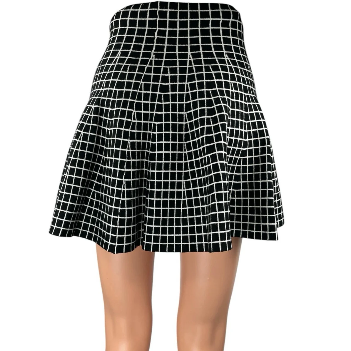 Vertigo Black Plaid Checkered High Waist Knit Mini A-Line Flared Skirt Size XS - Image 3