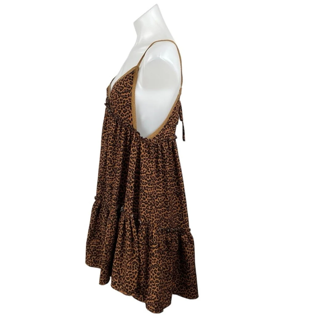 Vestique Brown Leopard Animal Print Sleeveless Tiered Swing A Line Mini Dress S - Image 3