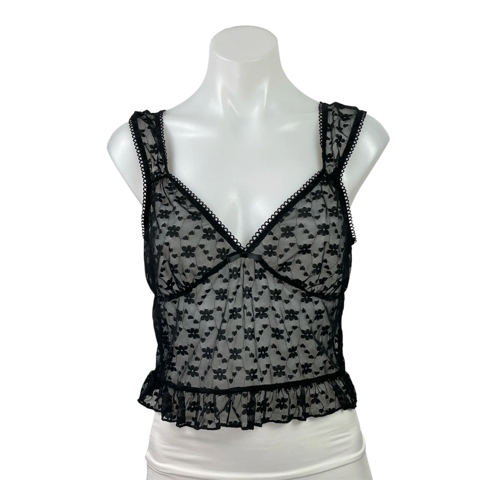 Victoria + Sophia Black Floral Lace Sleeveless Ruffle Sheer Crop Tank Top Size L