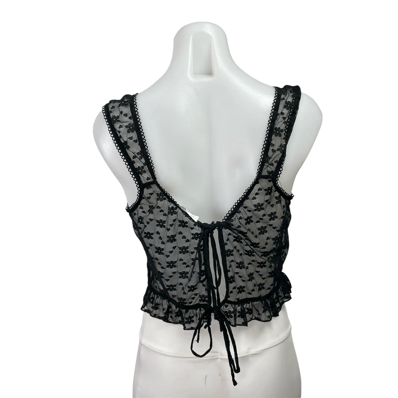 Victoria + Sophia Black Floral Lace Sleeveless Ruffle Sheer Crop Tank Top Size L - Image 3