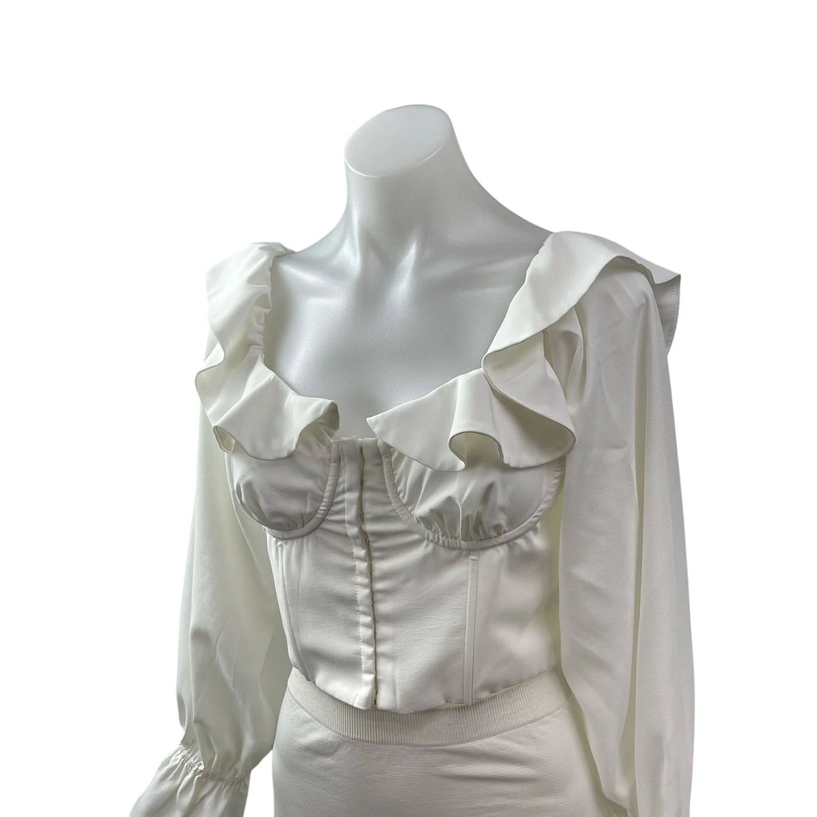 Victoria + Sophia Women's White Ruffled Long Sleeve Bustier Corset Crop Top Sz M - Image 2