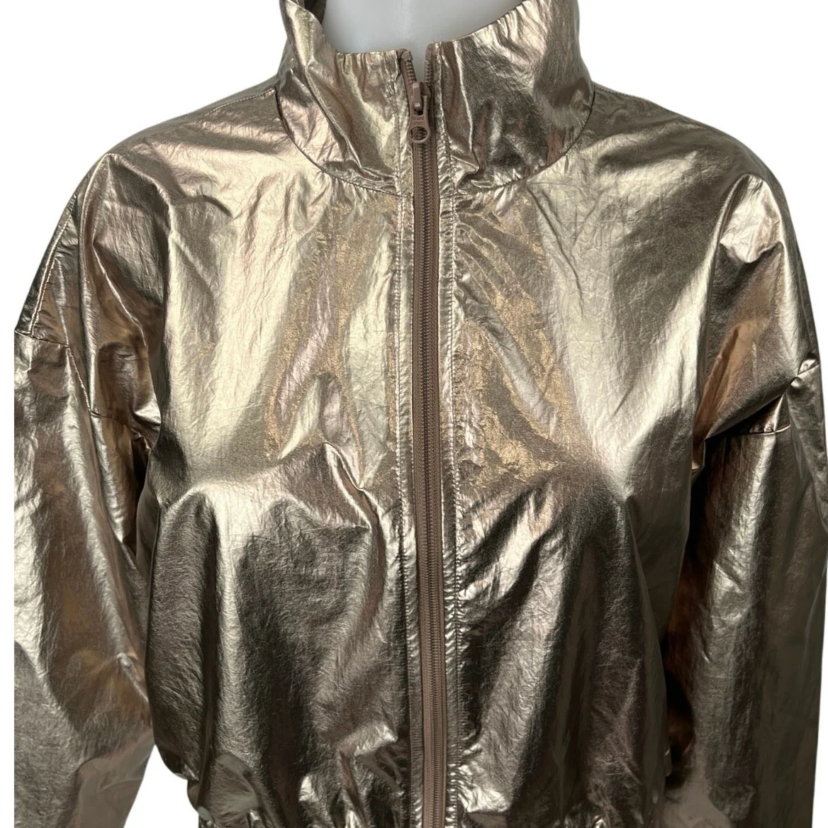 Victoria Sport Women's Gold Metallic Zip Up High Neck Crop Bomber Coat Jacket XS - Image 3