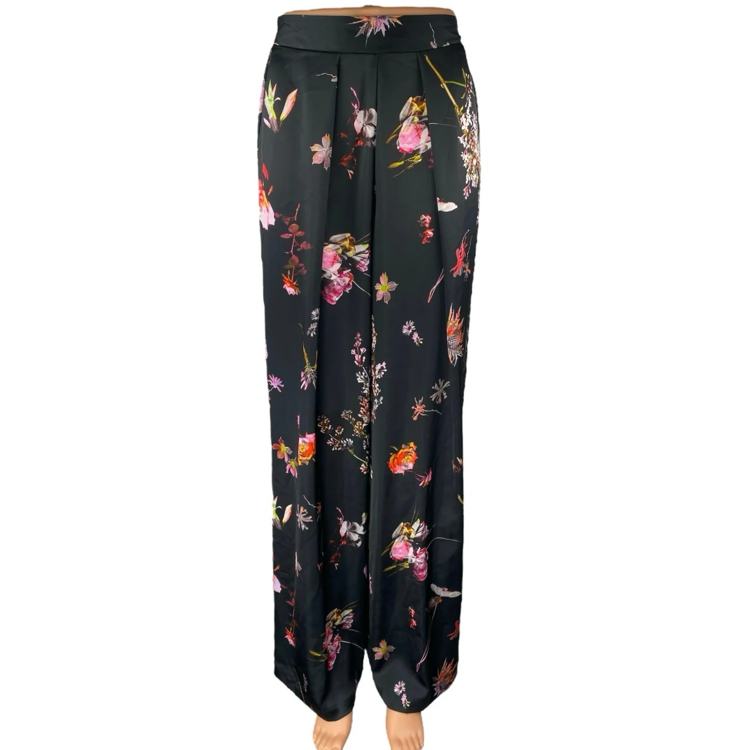 Victoria's Secret Black Silky Satin Floral Pleated Wide Leg Trousers Pants Sz XS