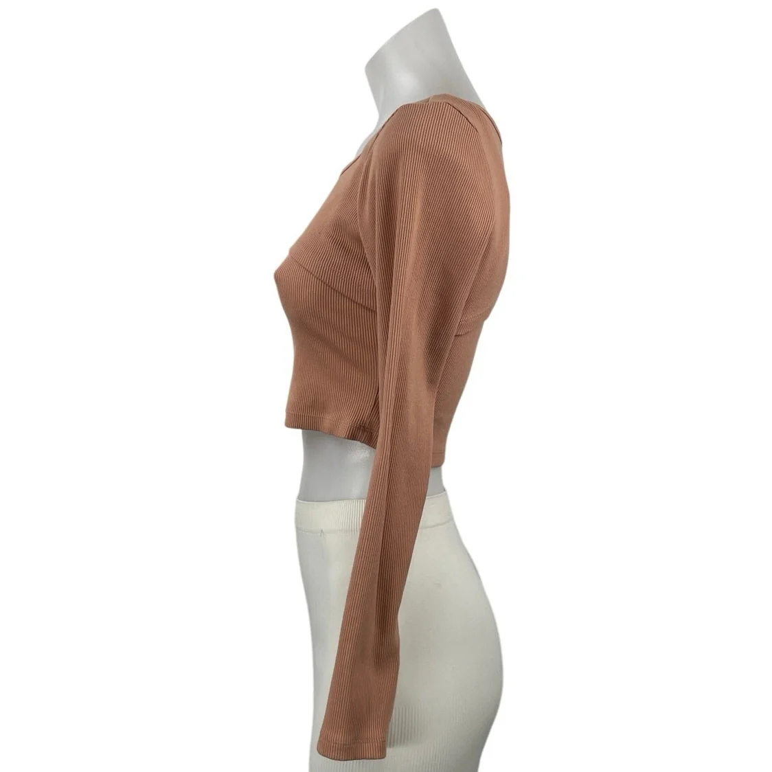 Victoria's Secret Brown Long Sleeve Ribbed Knit Sculpt Stretch Crop Top Size M - Image 2