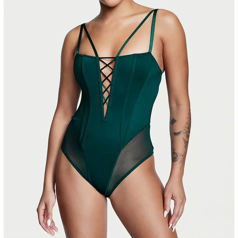 Victoria's Secret Green Crisscross Corset Mesh Lingerie Teddy Bodysuit Size M - Image 3