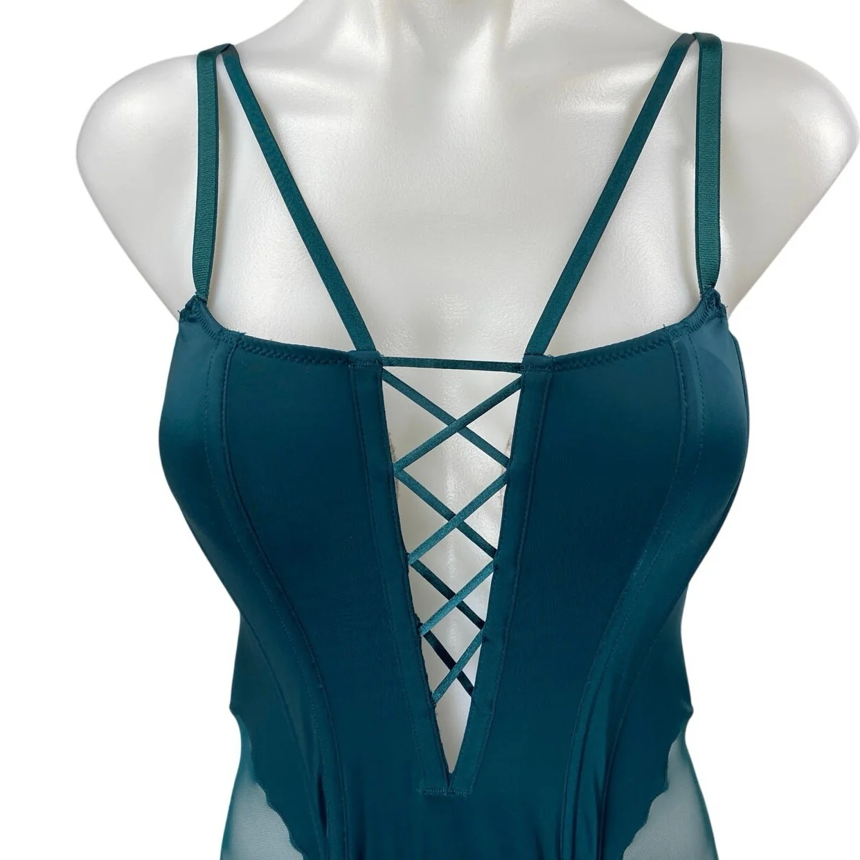 Victoria's Secret Green Crisscross Corset Mesh Lingerie Teddy Bodysuit Size M - Image 4