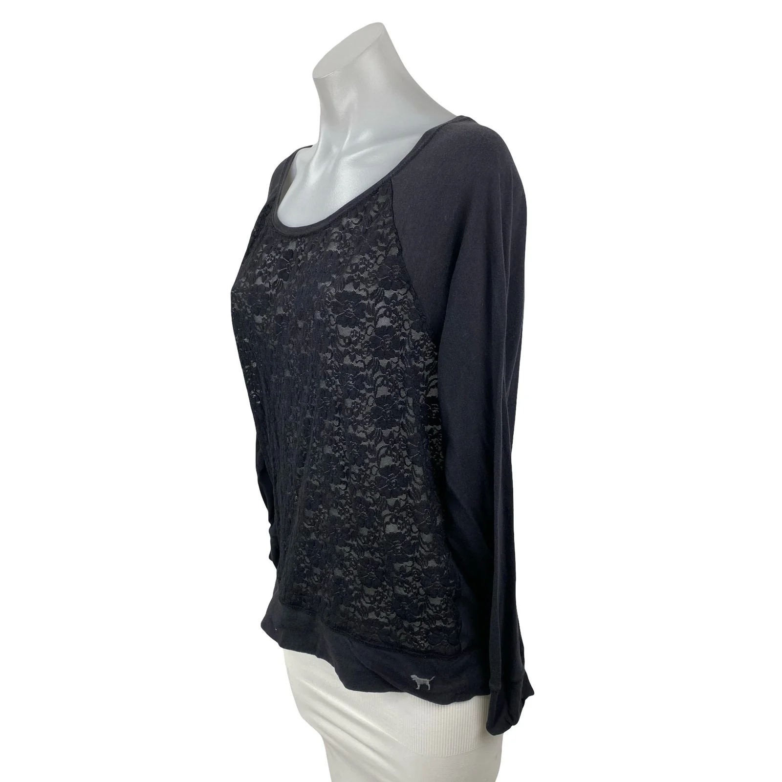 Victoria's Secret PINK Black Floral Lace Long Sleeve Scoop Neck Blouse Top Sz M - Image 2