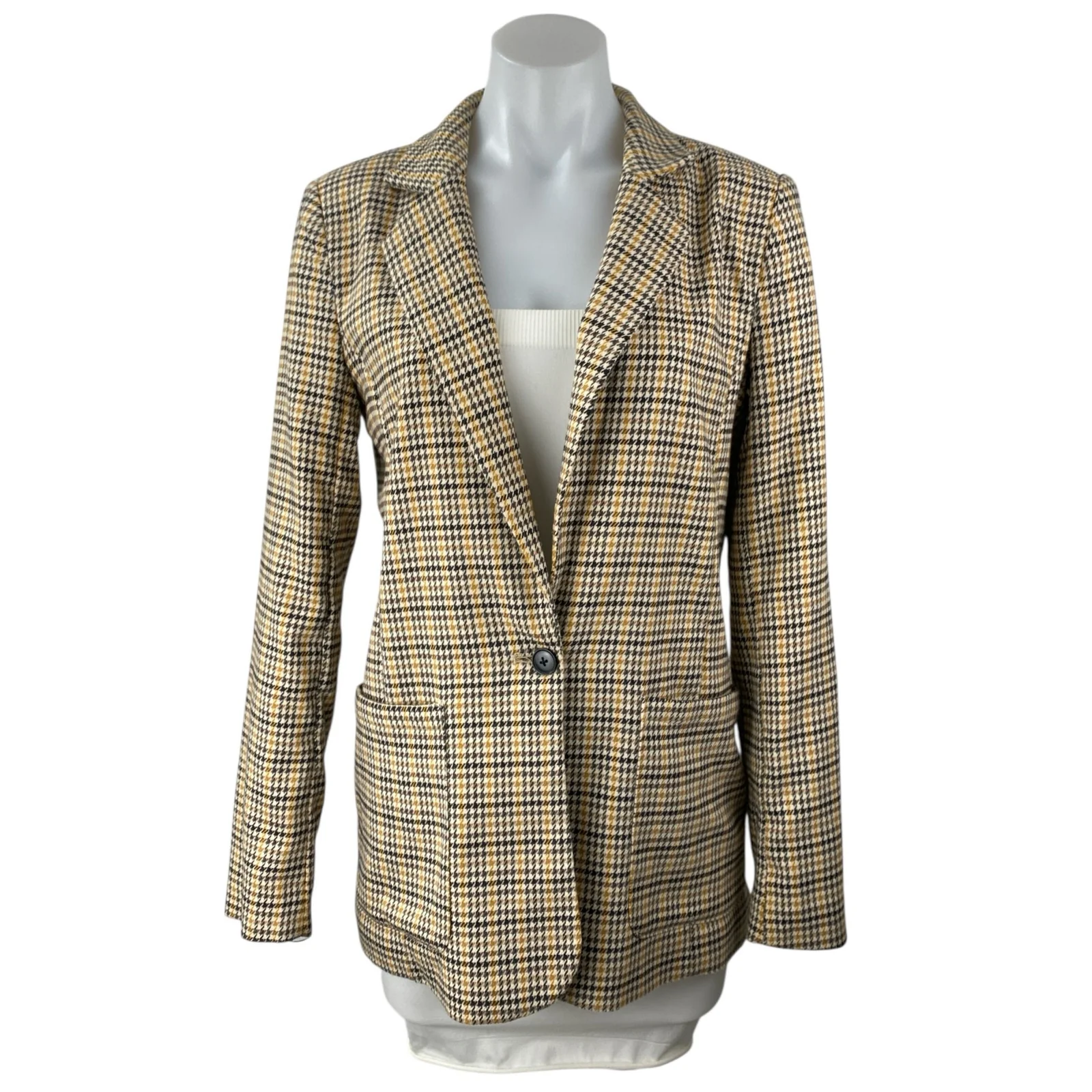 Vila Beige Plaid Tweed Collared Long Sleeve Pockets Blazer Coat Jacket Size 36