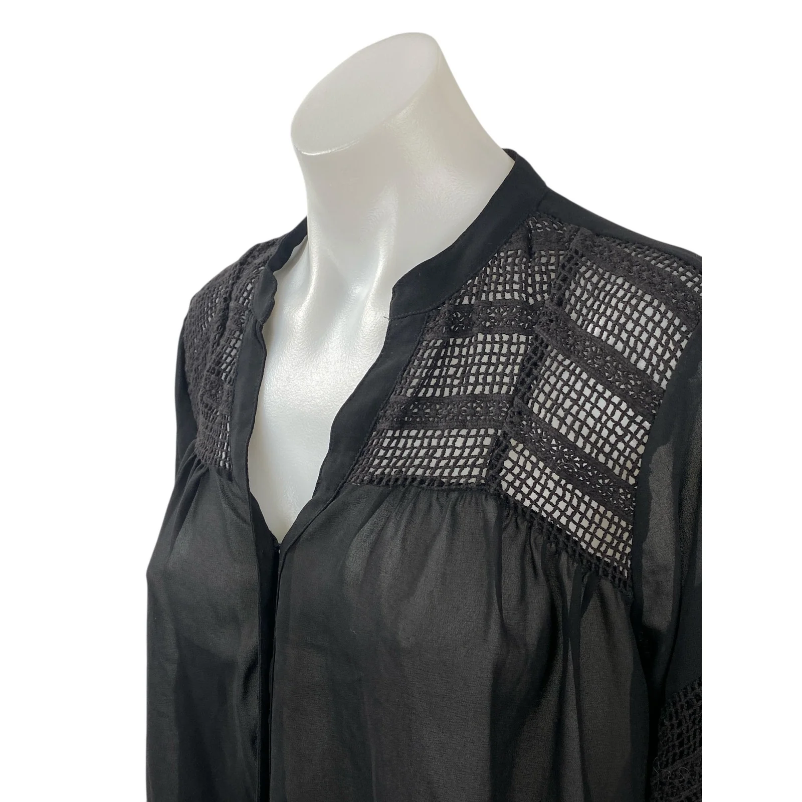 Vila Women's Black Lace Eyelet Long Sleeve Mesh Button Down Blouse Top Size M - Image 2