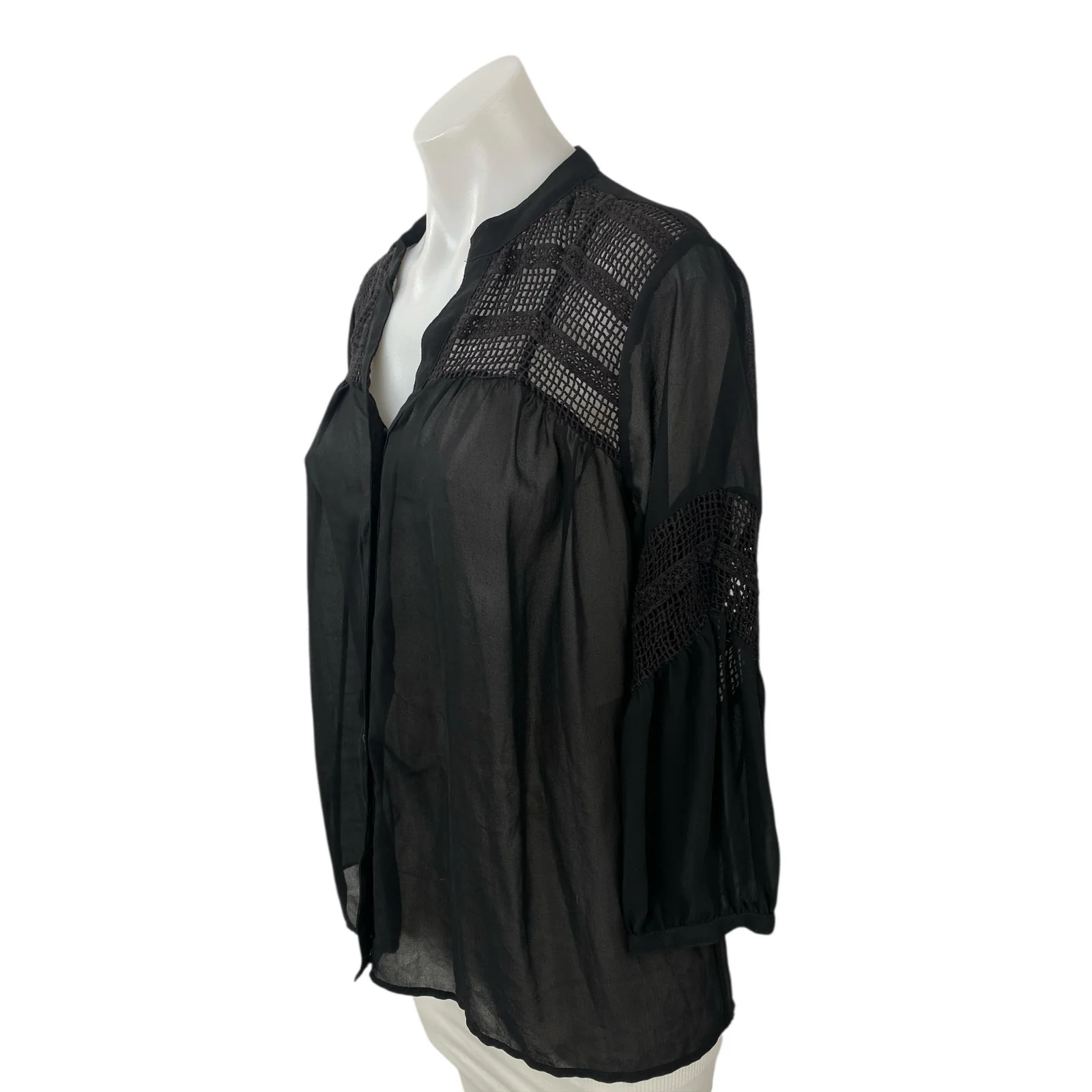 Vila Women's Black Lace Eyelet Long Sleeve Mesh Button Down Blouse Top Size M - Image 3