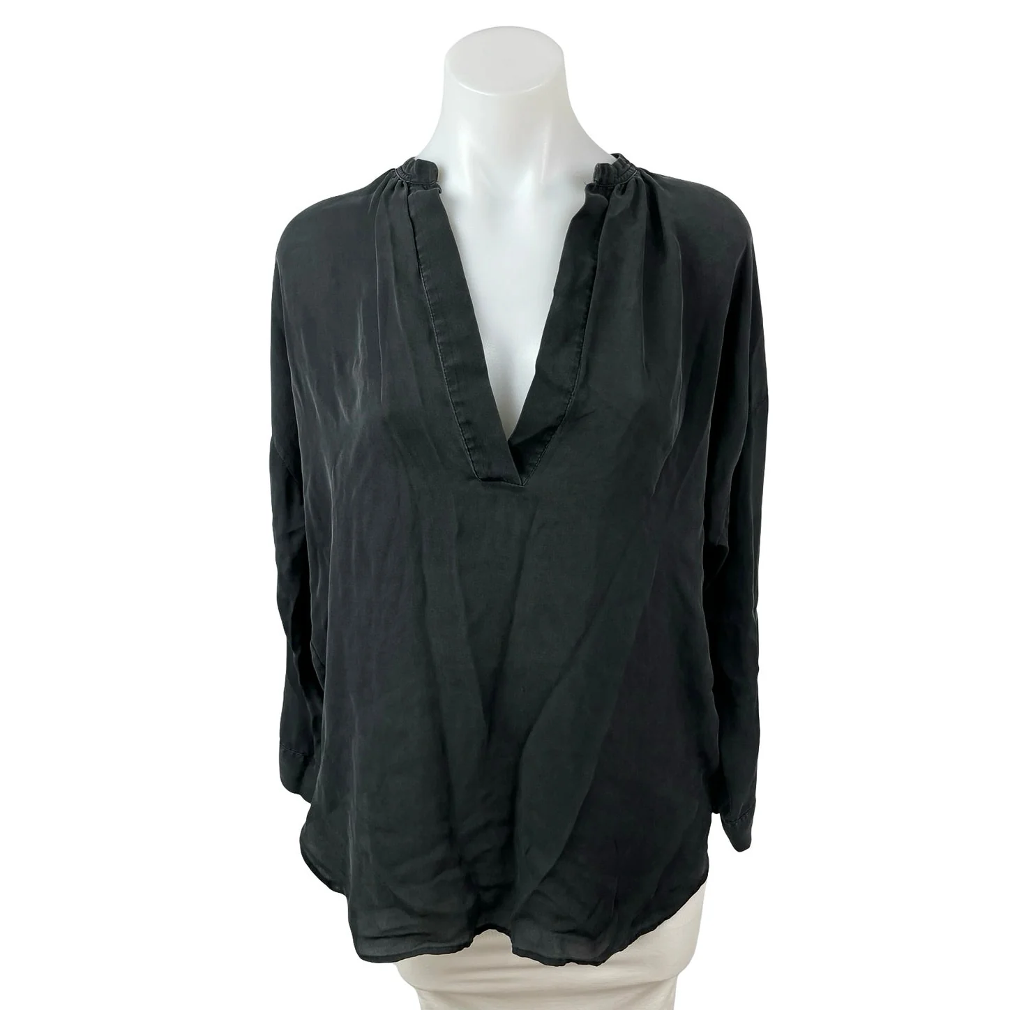 Vince 100% Silk Women's Black Ruched Deep V Neck Long Sleeve Tunic Blouse Top XS
