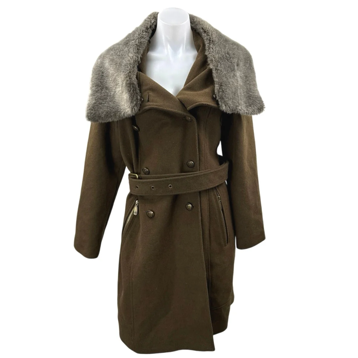 Vince Camuto Olive Green Wool Faux Fur Collar Long Sleeve Trench Coat Jacket L
