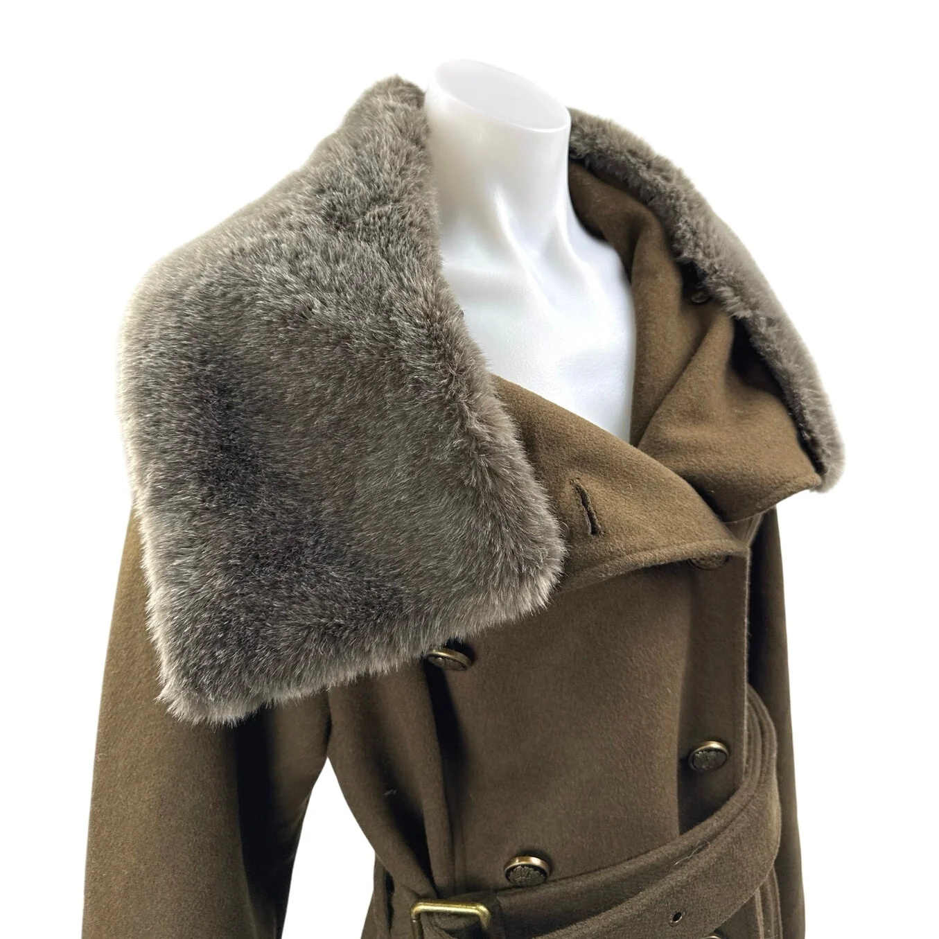 Vince Camuto Olive Green Wool Faux Fur Collar Long Sleeve Trench Coat Jacket L - Image 3