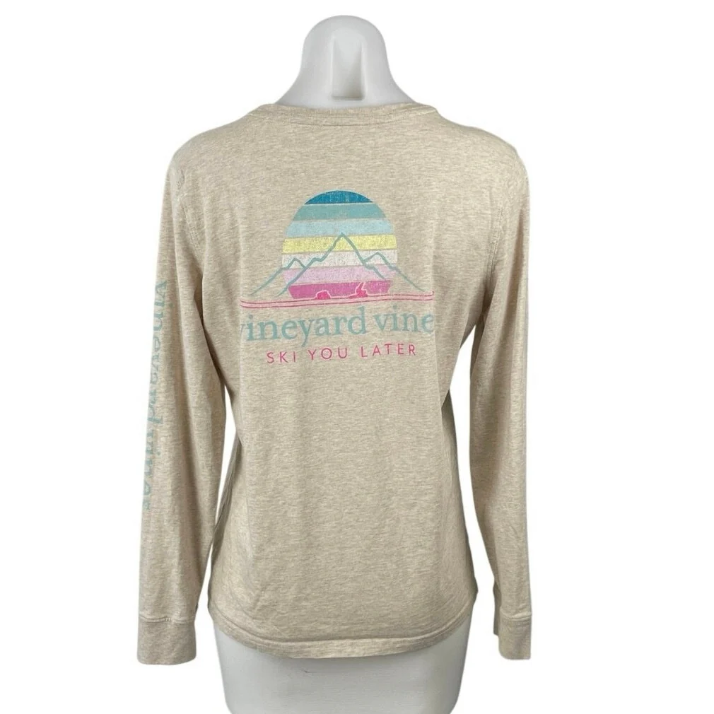 Vineyard Vines Beige Graphic Long Sleeve Chest Pocket Tee Basic T-Shirt Top Sz S - Image 4