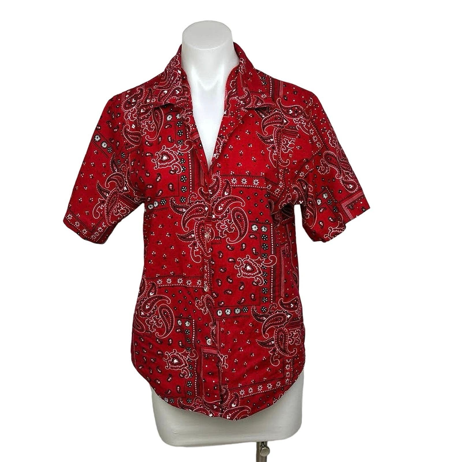 Vintage F. Shay Red Bandana Scarf Paisley Button Up Short Sleeve Shirt Top Sz S - Image 6