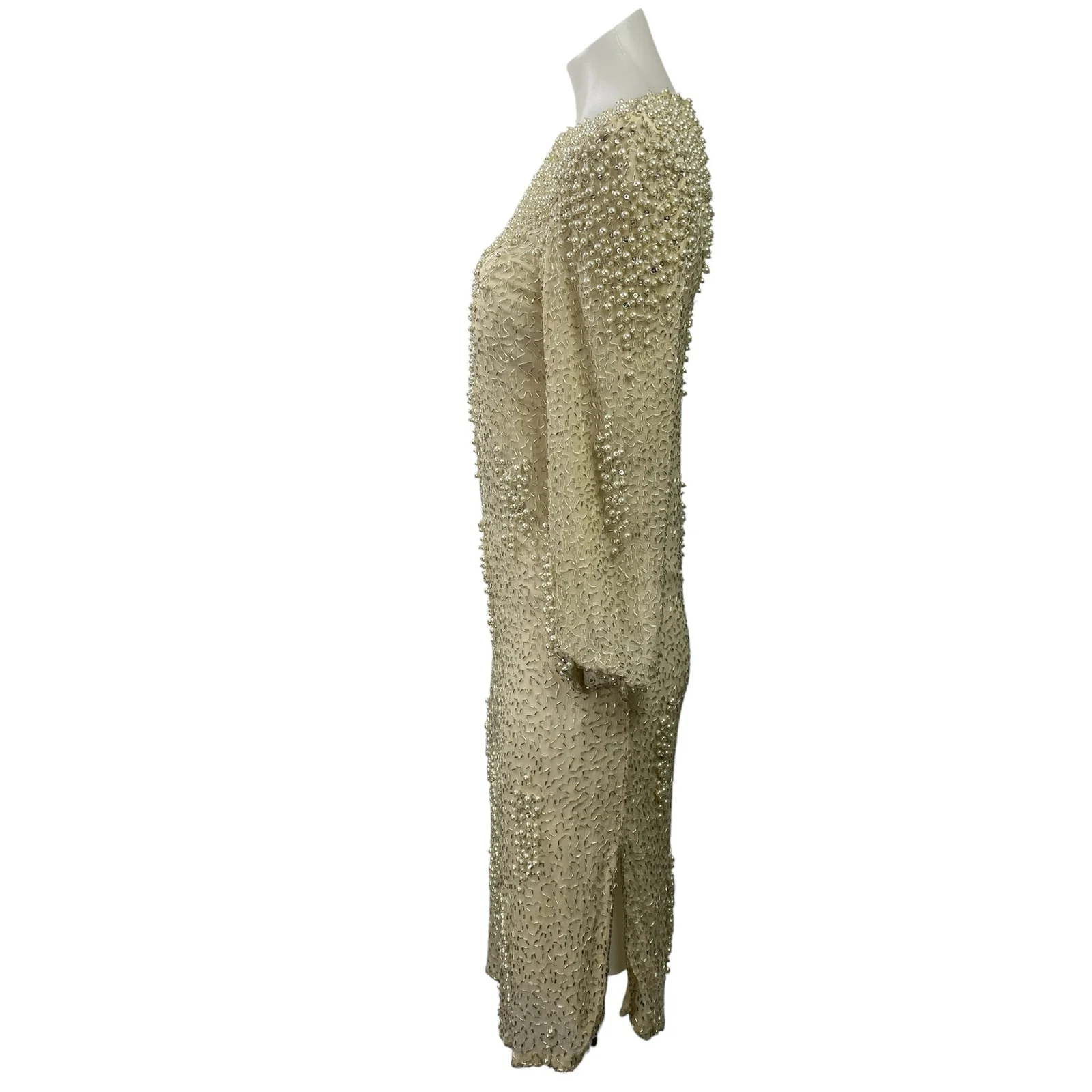 Vintage Judith Ann Creations Cream Silk Beaded Long Sleeve Mini Sheath Dress XS - Image 2