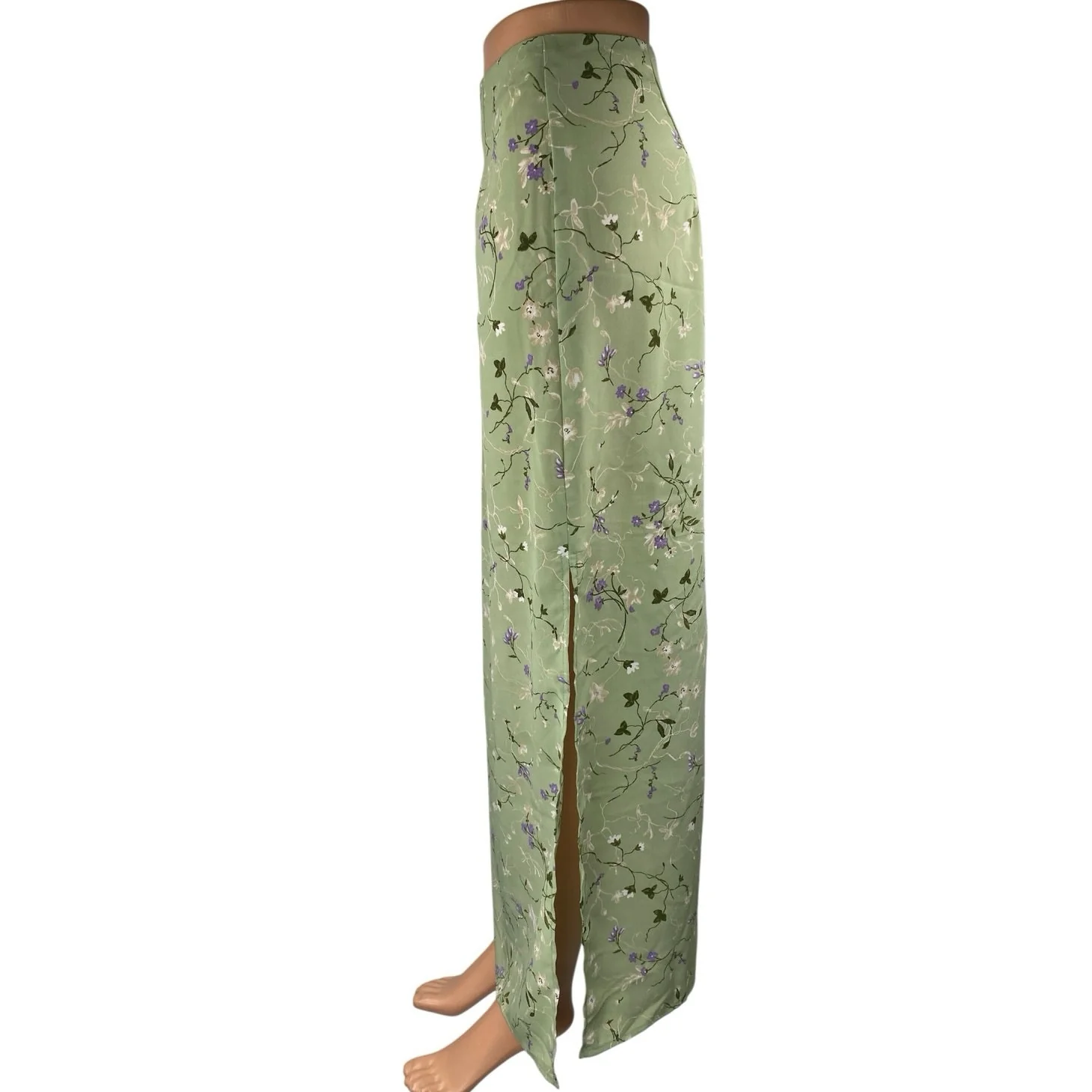 Vintage La Belle Green Floral High Waisted Side Slit Straight Maxi Slip Skirt 11 - Image 2
