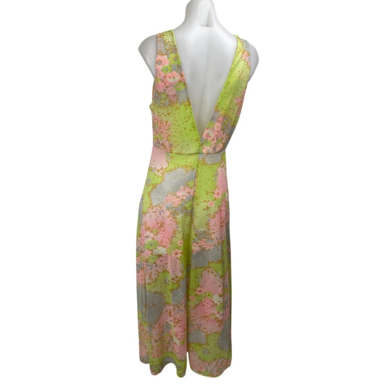 Vintage Val Mode Green Floral Grass Sleeveless Plunging A Line Maxi Dress Sz M - Image 2
