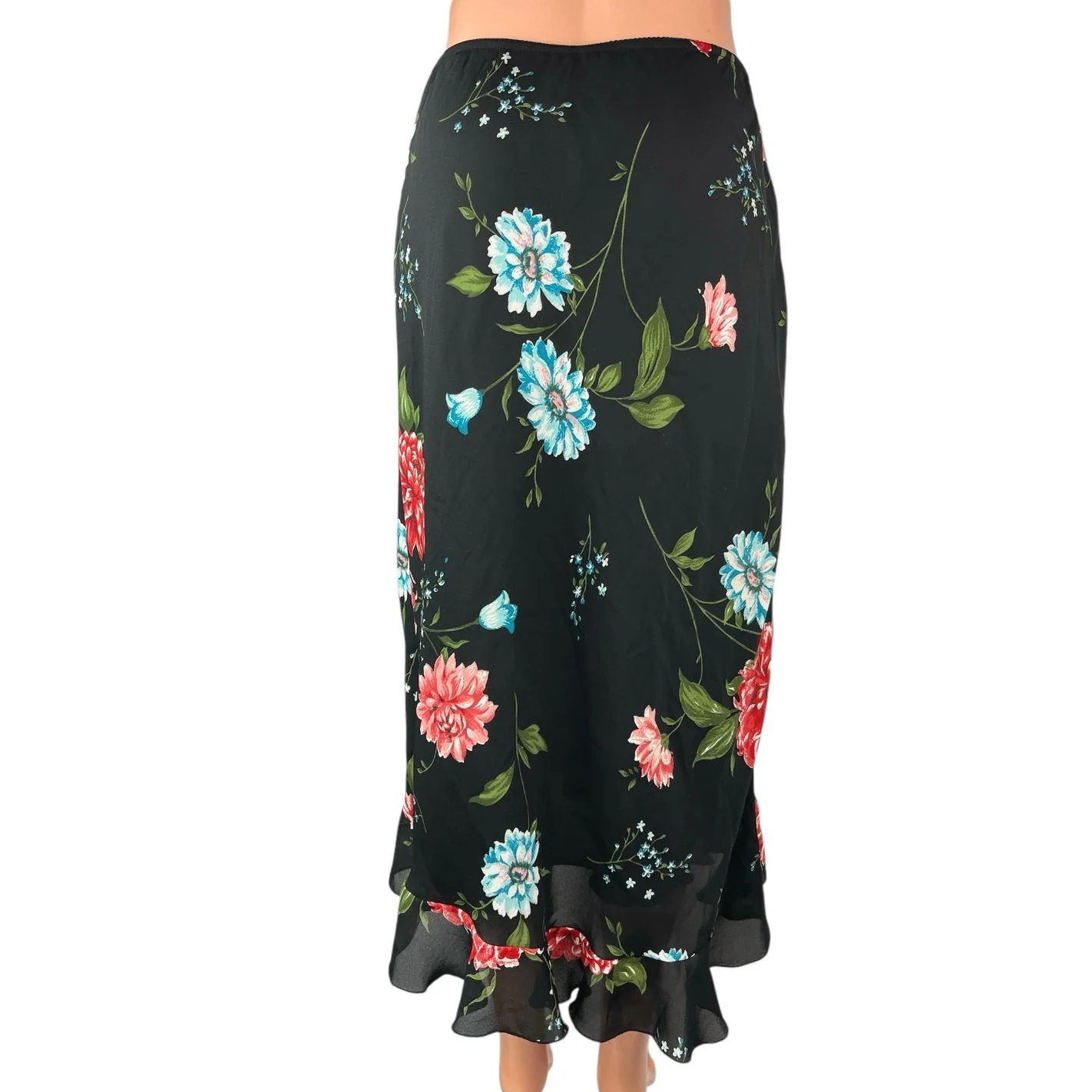 Vintage Versailles Black Floral Print Straight Pencil Ruffle Midi Maxi Skirt S - Image 3