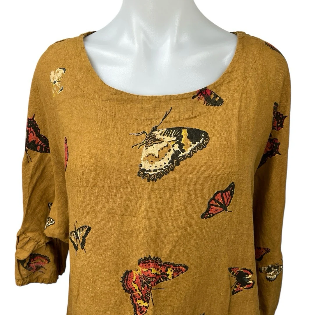 Viola Borghi Brown 100% Linen Butterfly 3/4 Ruffle Sleeve Pullover Blouse Top L - Image 3