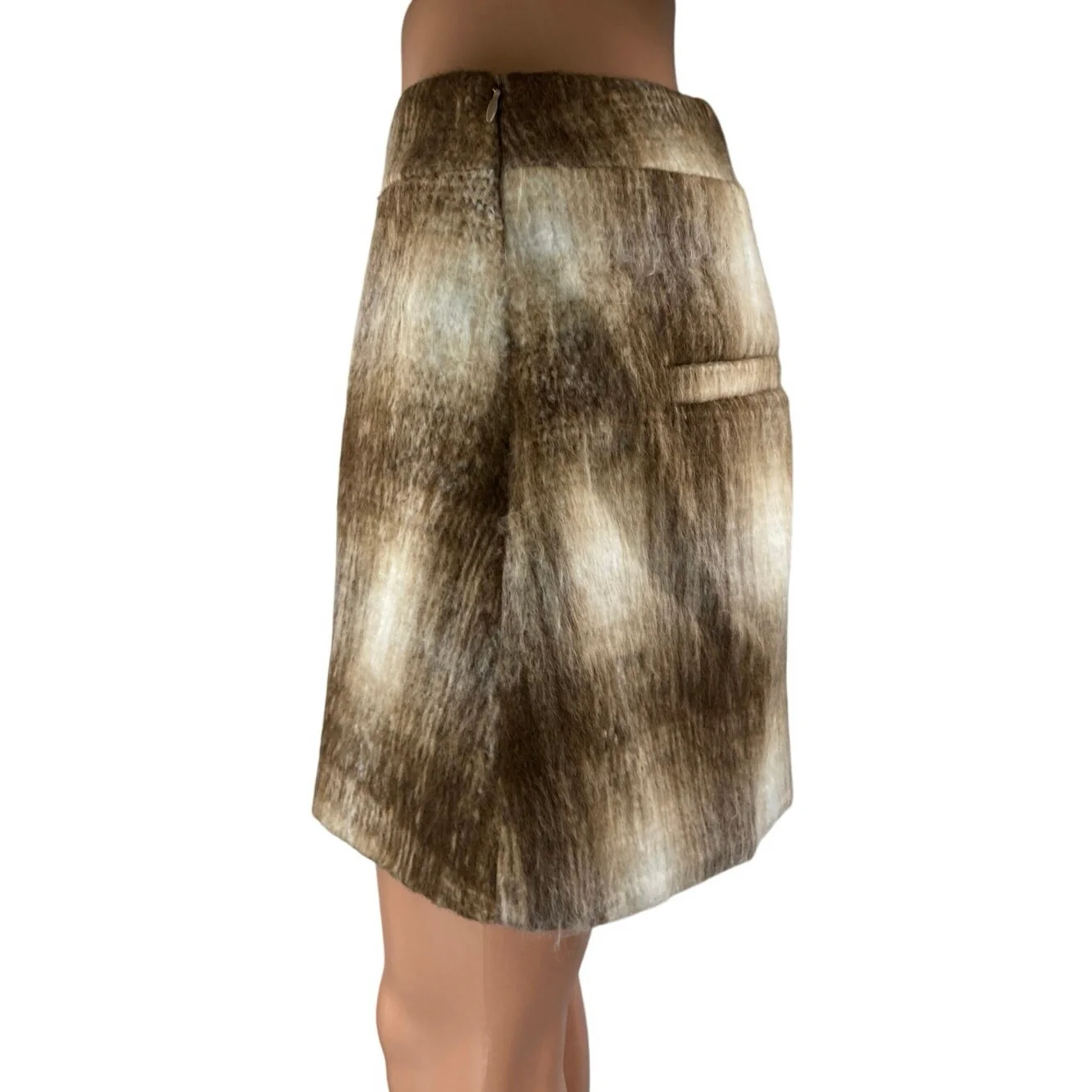 VRG Grl Brown Cream Faux Fur Plaid Checkered Side Zip Mini A-Line Skirt Size 8 - Image 2