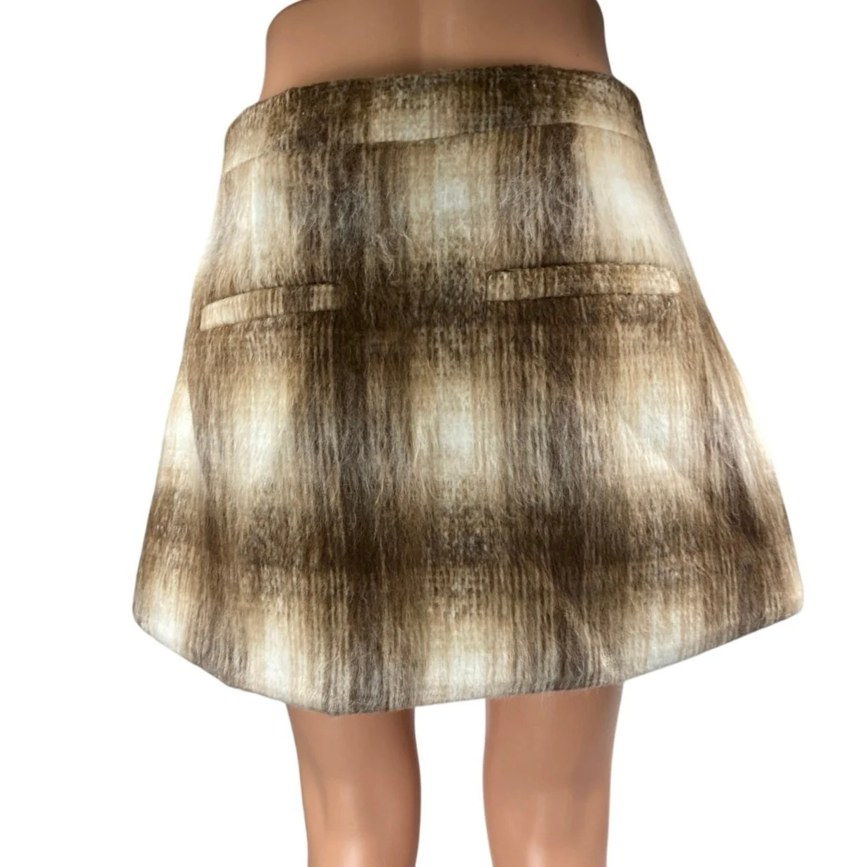VRG Grl Brown Cream Faux Fur Plaid Checkered Side Zip Mini A-Line Skirt Size 8 - Image 3