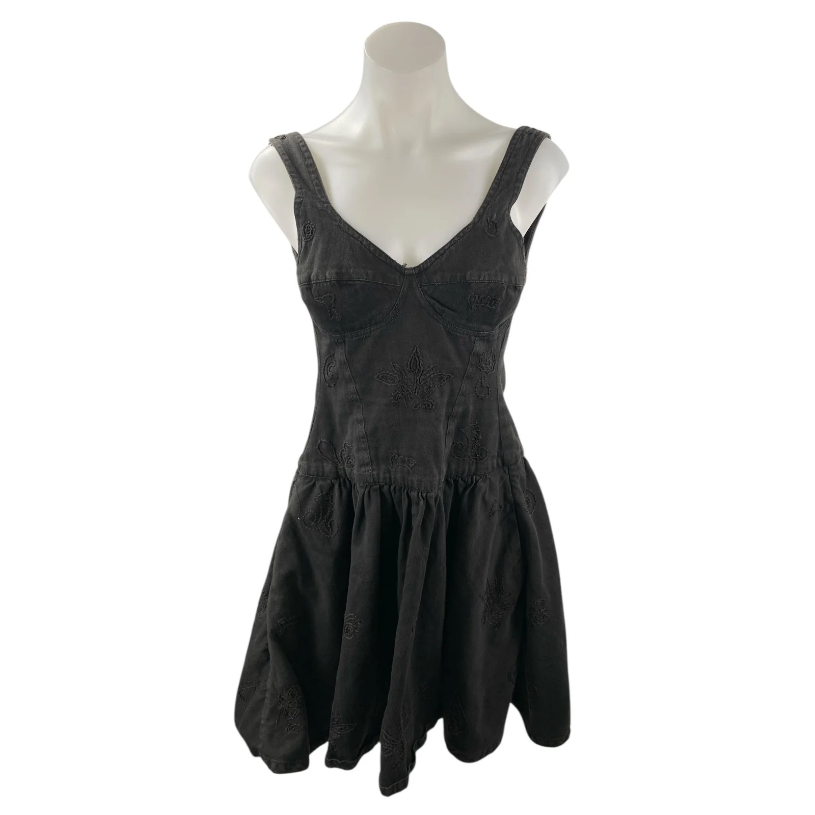 Warehouse Black Floral Embroidery Sleeveless Open Back Denim Fit & Flare Dress M