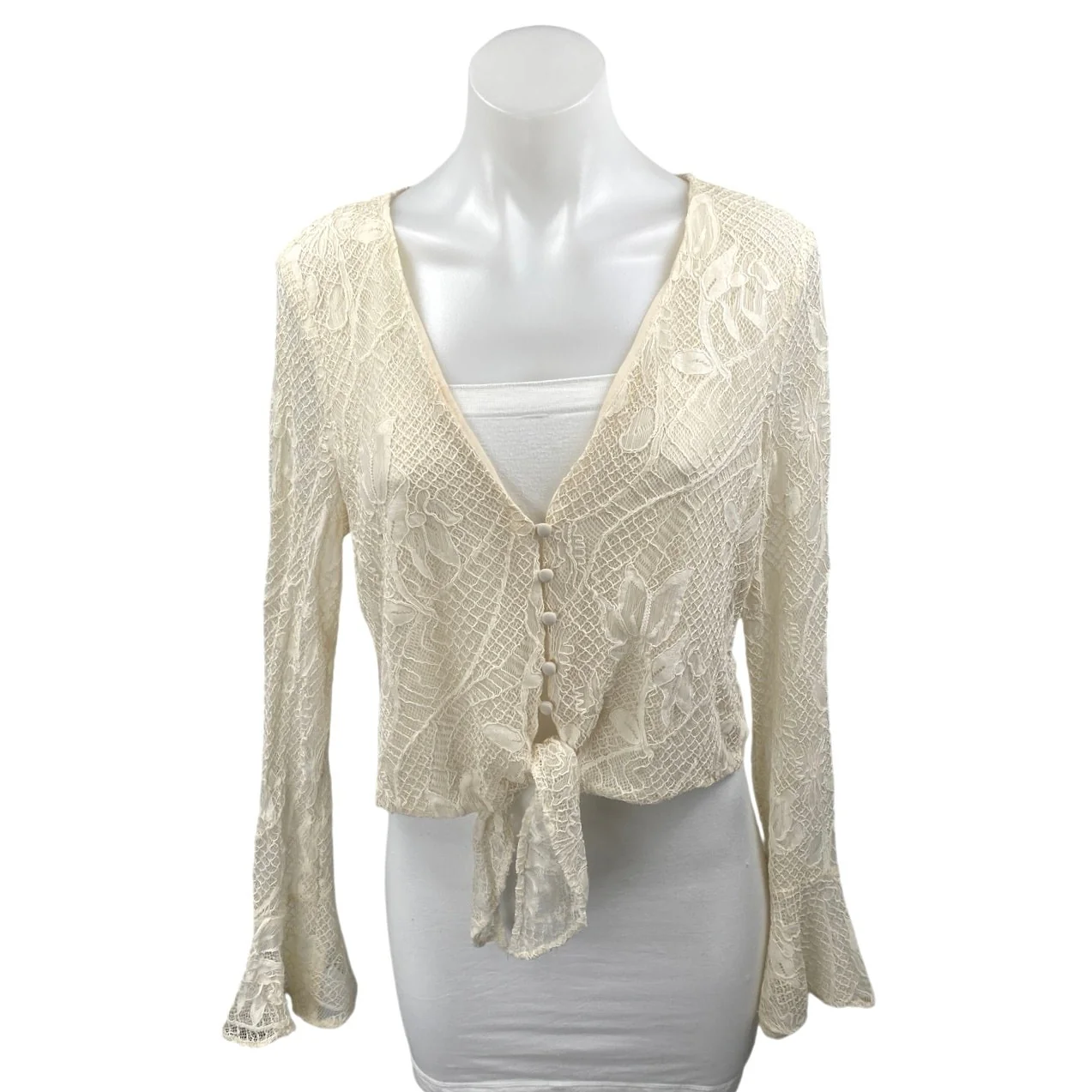 WAYF Cream White Lace Floral Long Bell Sleeve Tie Front V-neck Crop Blouse Top M