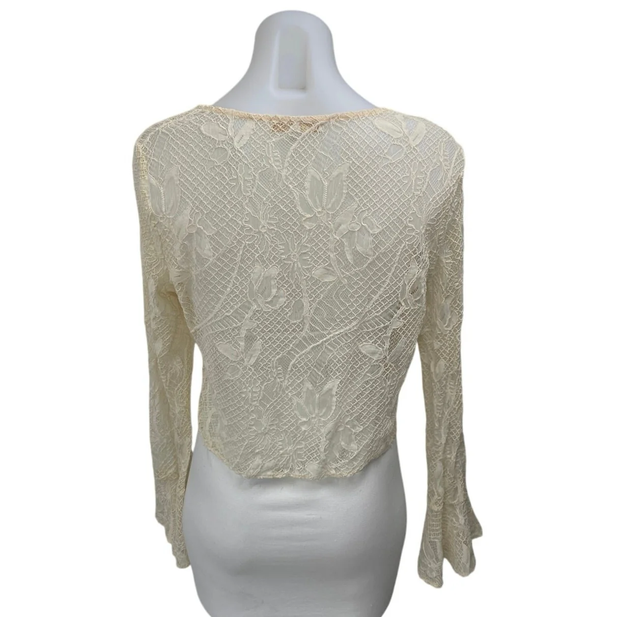 WAYF Cream White Lace Floral Long Bell Sleeve Tie Front V-neck Crop Blouse Top M - Image 2