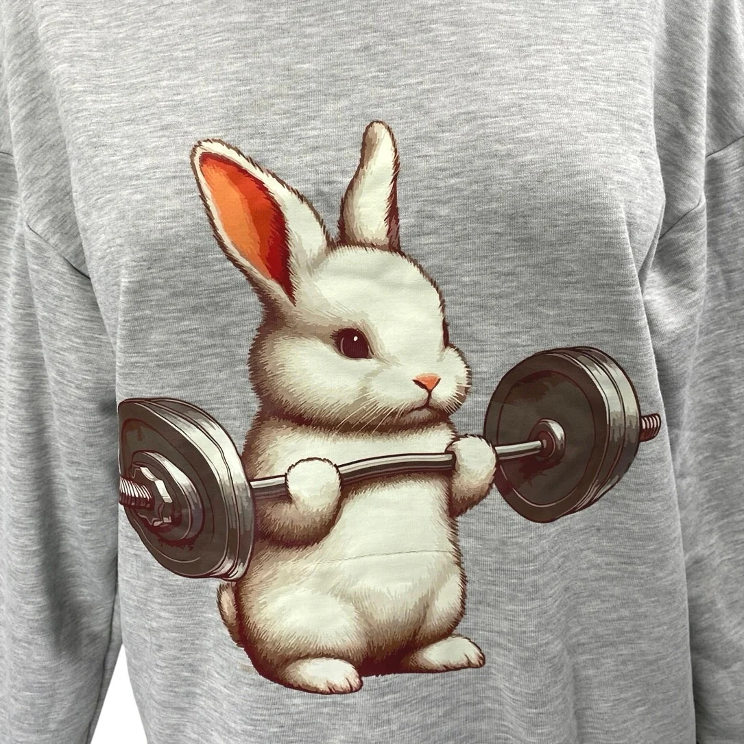 Weightlifting Rabbit Gray Graphic Long Sleeve Crew Neck Sweatshirt Sweater Top S - Image 3