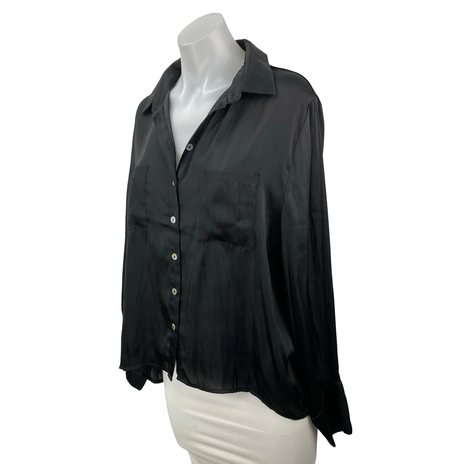 We're All Pretty Girls Black Silky Satin Long Sleeve Button Down Shirt Top Sz L - Image 3