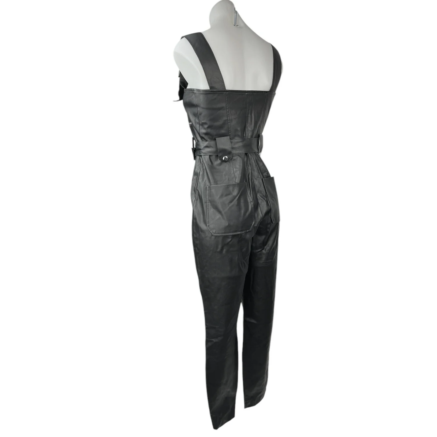 WeWoreWhat Black Faux Vegan Leather Zip Up Belted Moto Jumpsuit Overalls Size S - Image 2