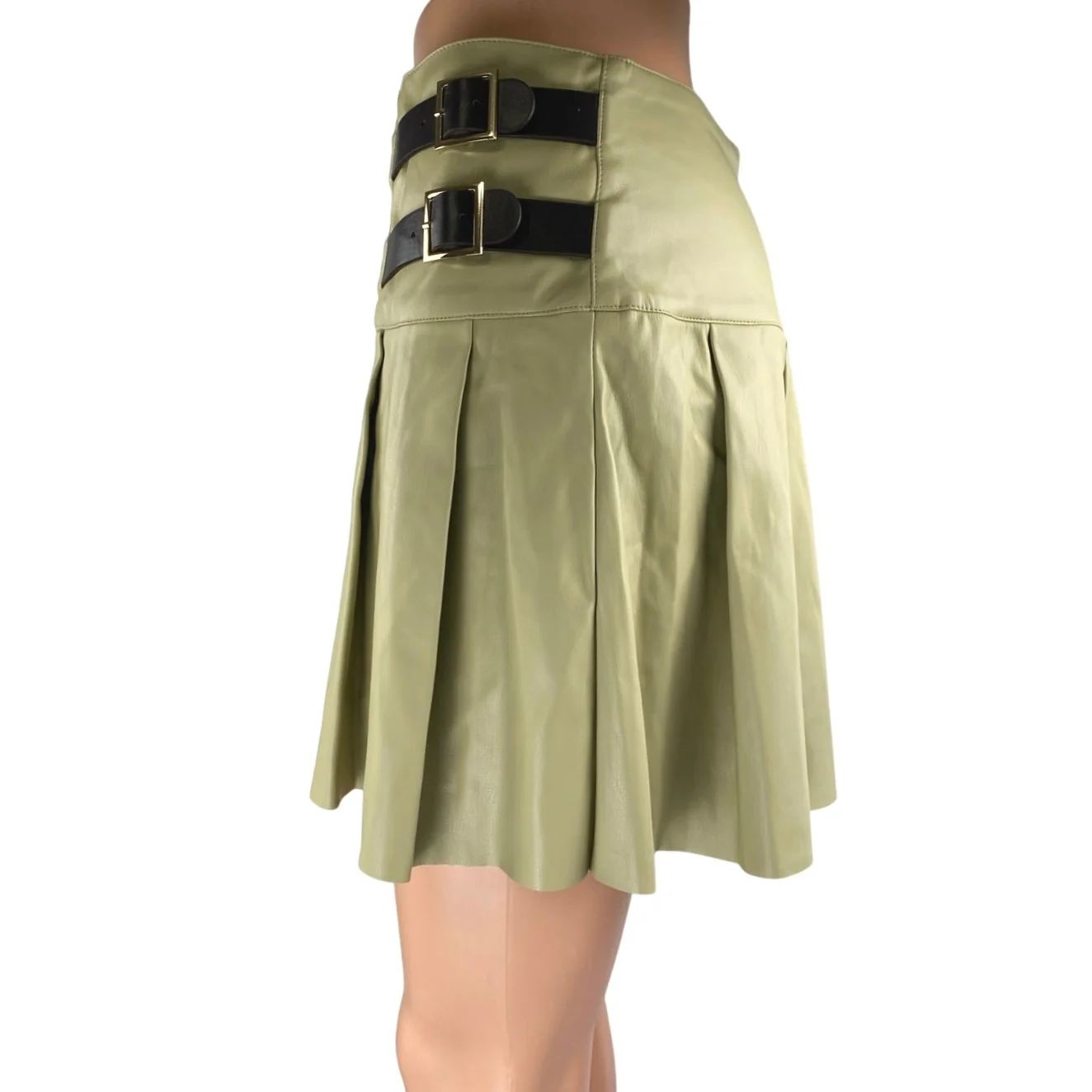 WeWoreWhat Cream Green Faux Vegan Leather Pleated Mini Tennis A-Line Skirt Sz M - Image 2