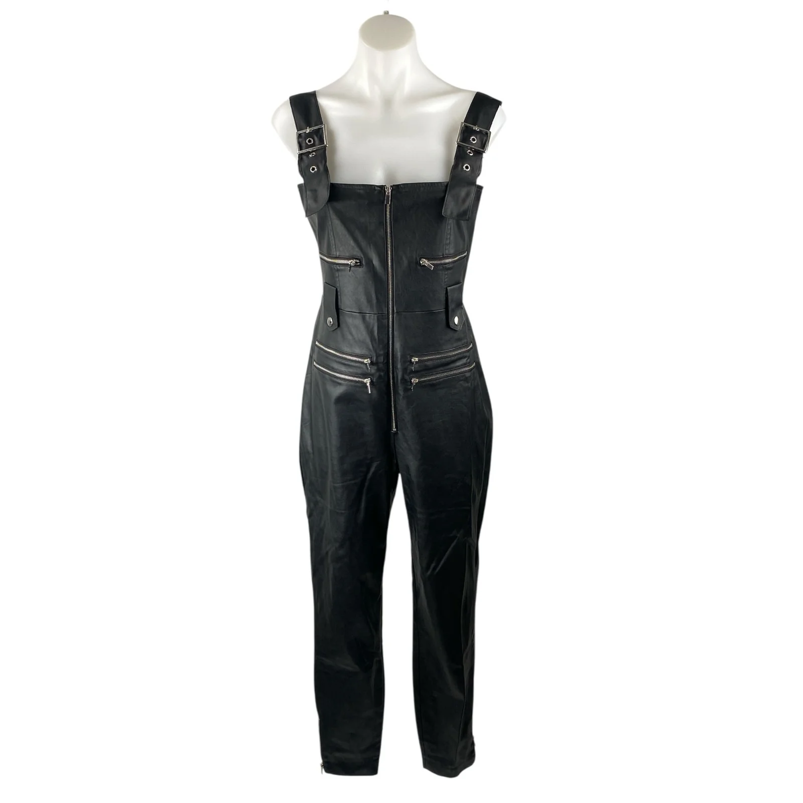 WeWoreWhat Women's Black Faux Vegan Leather Overall Dungaree Jumpsuit Romper M