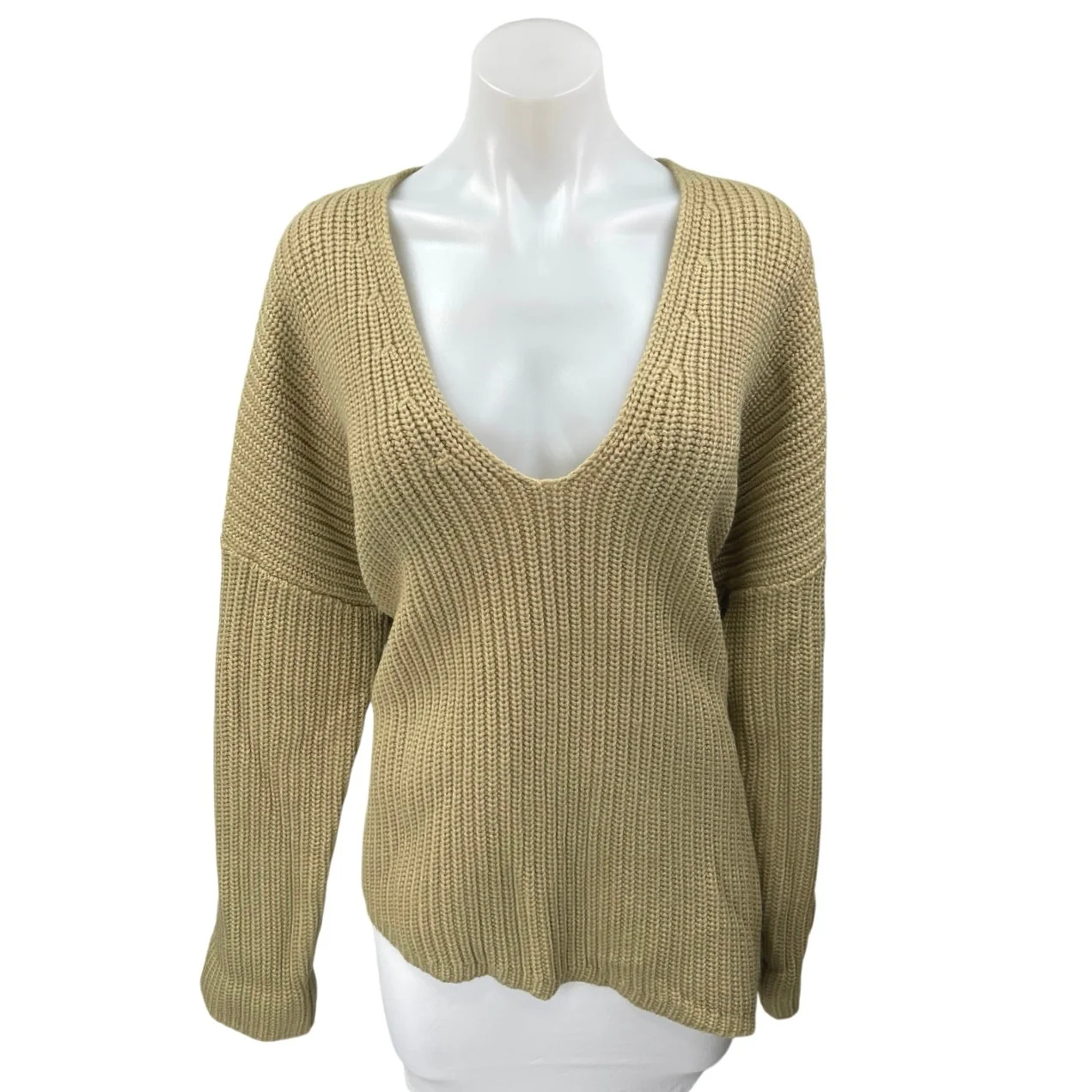 Weworewhat Women's Tan Knit Deep V Long Sleeve Pullover Sweater Top Size XS/S