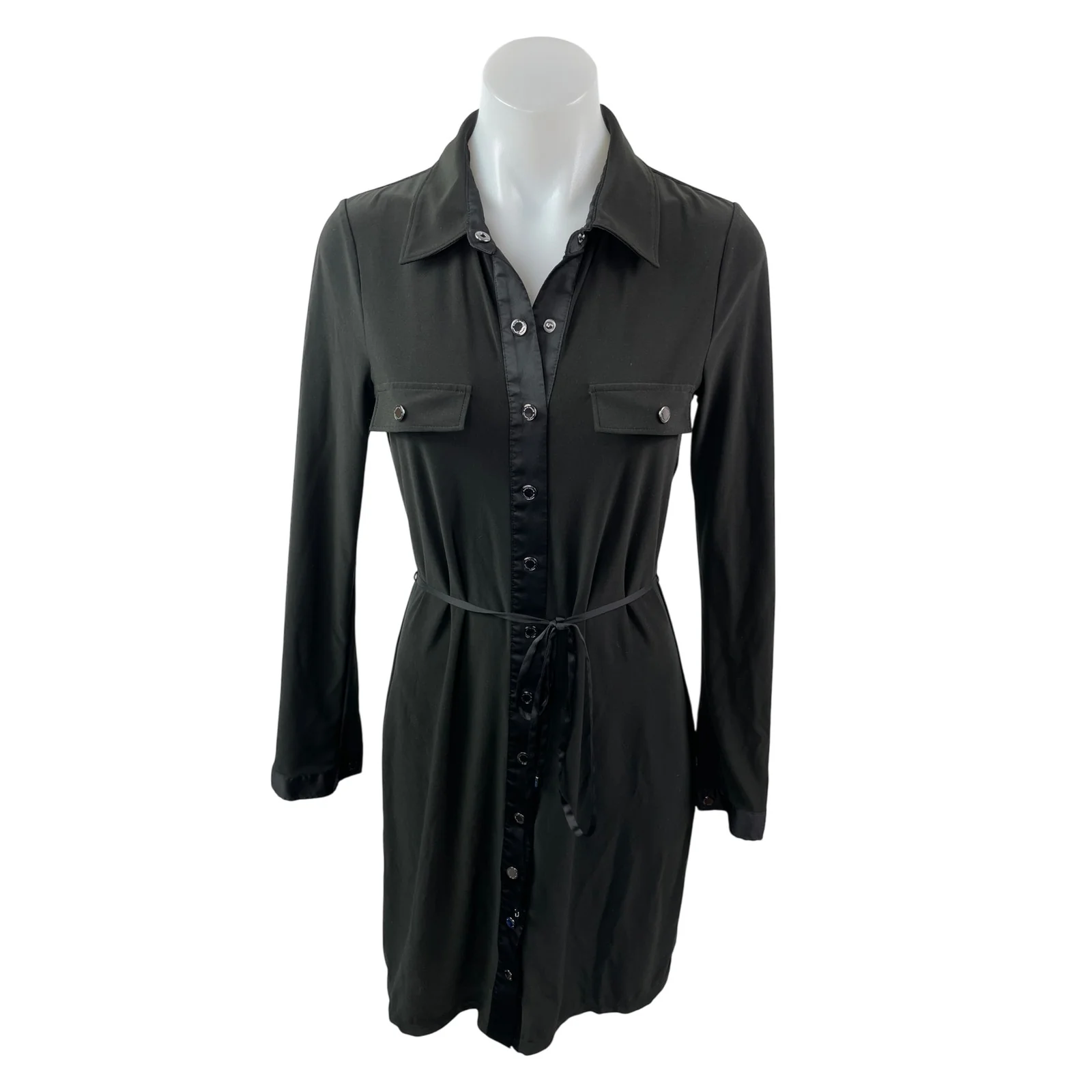 White House Black Market Black Long Sleeve Tie Button Down Mini Shirt Dress Sz S