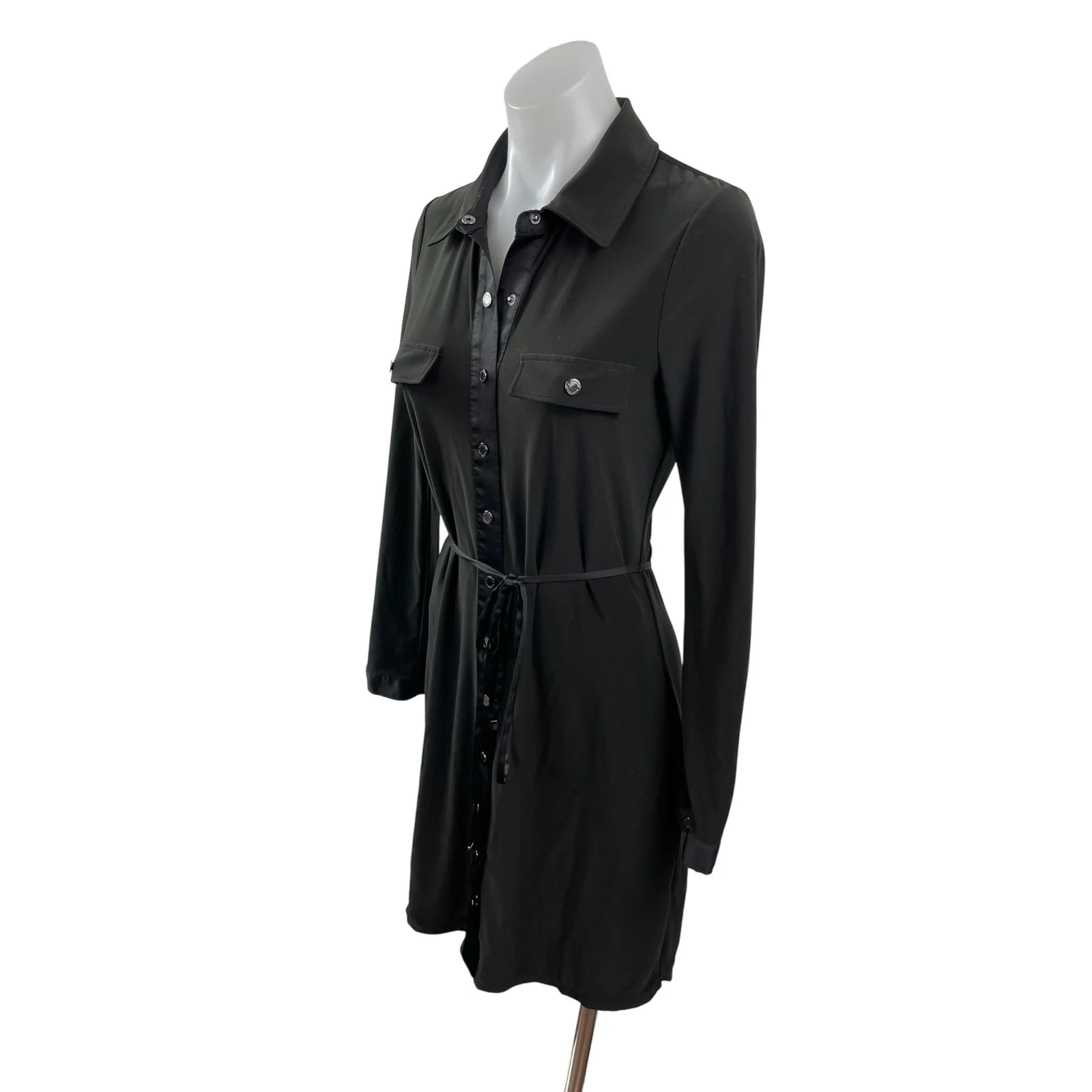 White House Black Market Black Long Sleeve Tie Button Down Mini Shirt Dress Sz S - Image 3