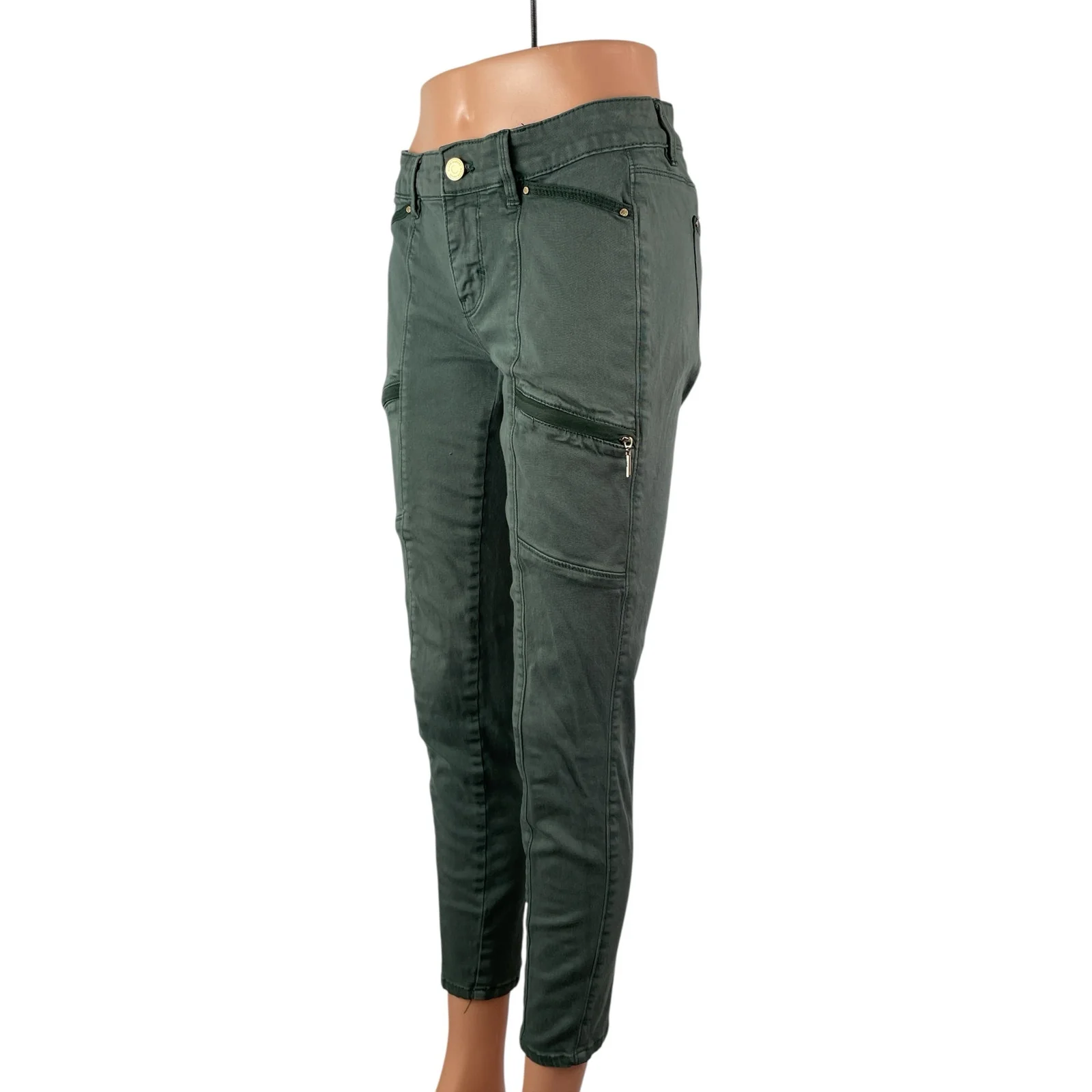 White House Black Market Women's Green Zip Cargo Crop Skinny Denim Jeans Size 2 - Image 3