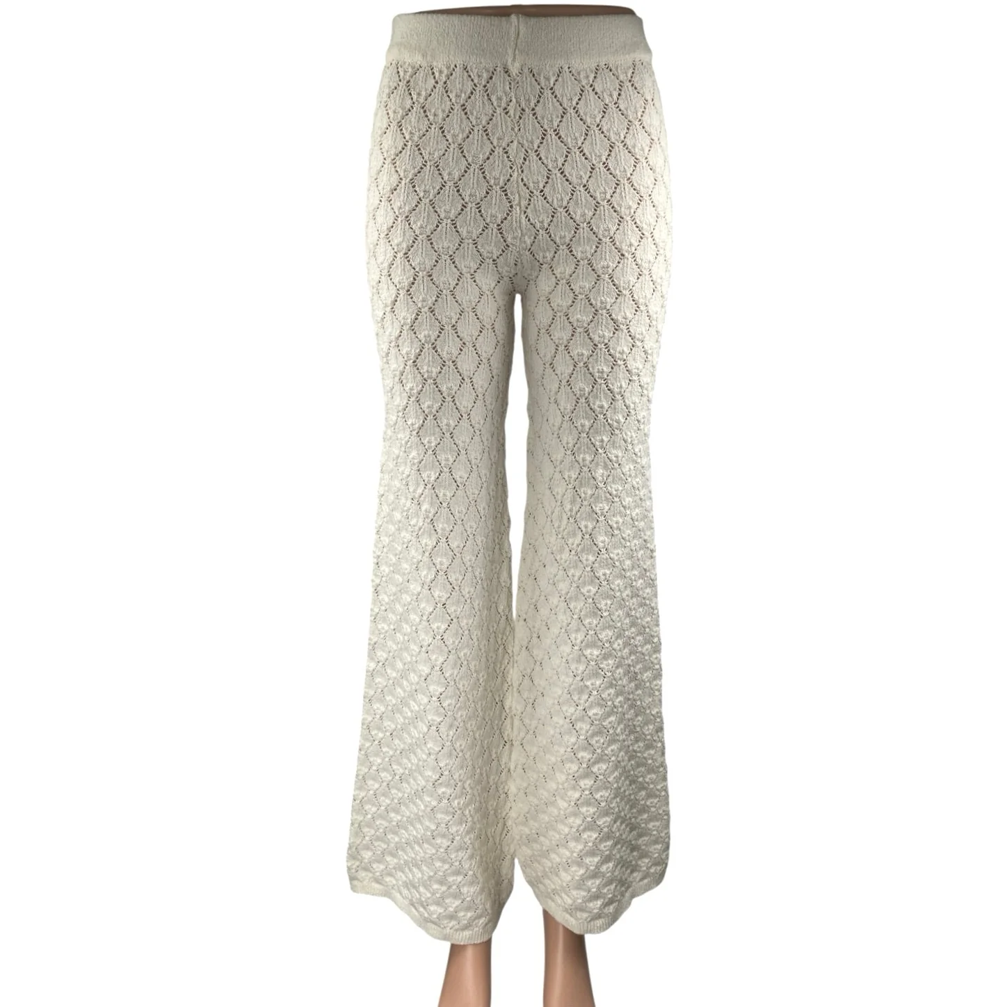 White Open Knit Semi Sheer High Waisted Flare Bootcut Beach Cover Up Pants XS/S