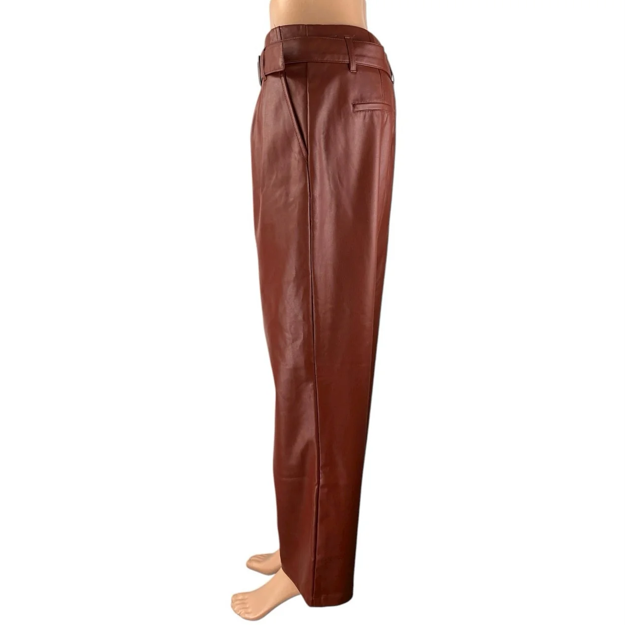 Who What Wear Brown High Rise Faux Leather Vegan Belted Pleated Trousers Pants 6 - Image 2
