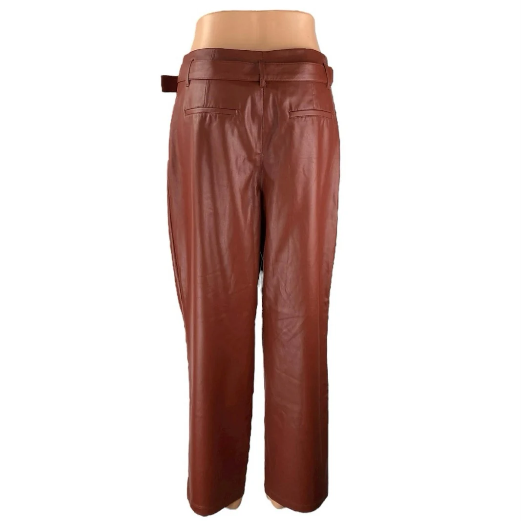 Who What Wear Brown High Rise Faux Leather Vegan Belted Pleated Trousers Pants 6 - Image 3