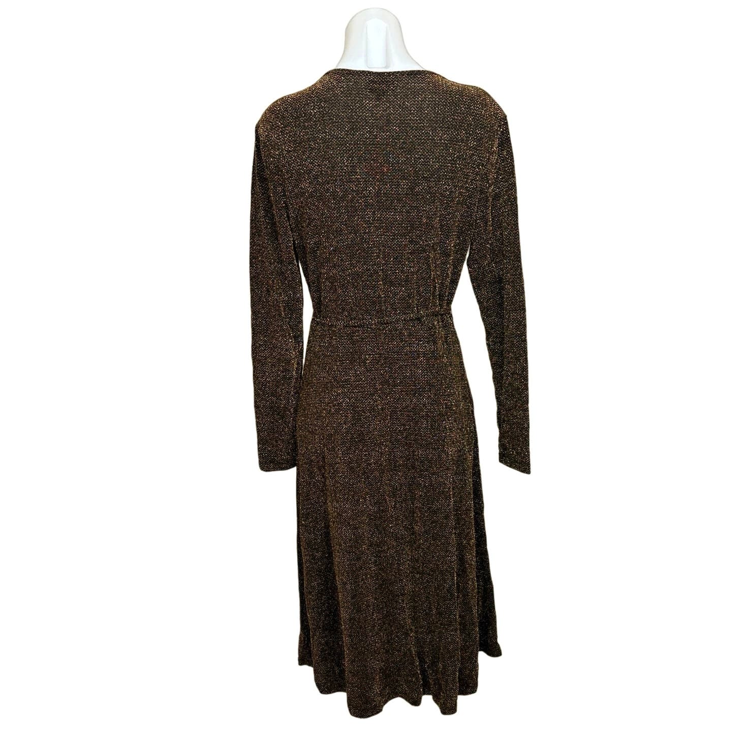 Who What Wear Metallic Gold Faux Wrap Tie Waist Midi Long Sleeve Dress Size M - Image 2
